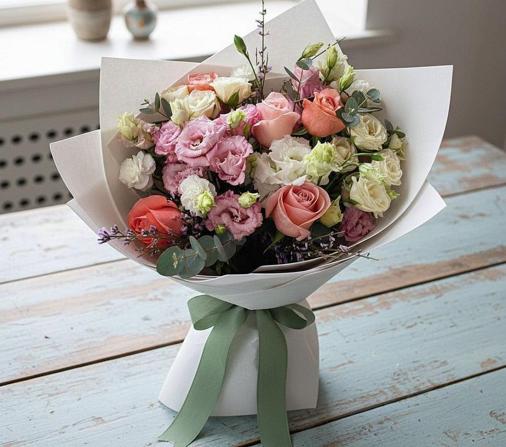 Букет цветов из: Розы, Лизиантусы и Гвоздики в Тарасово