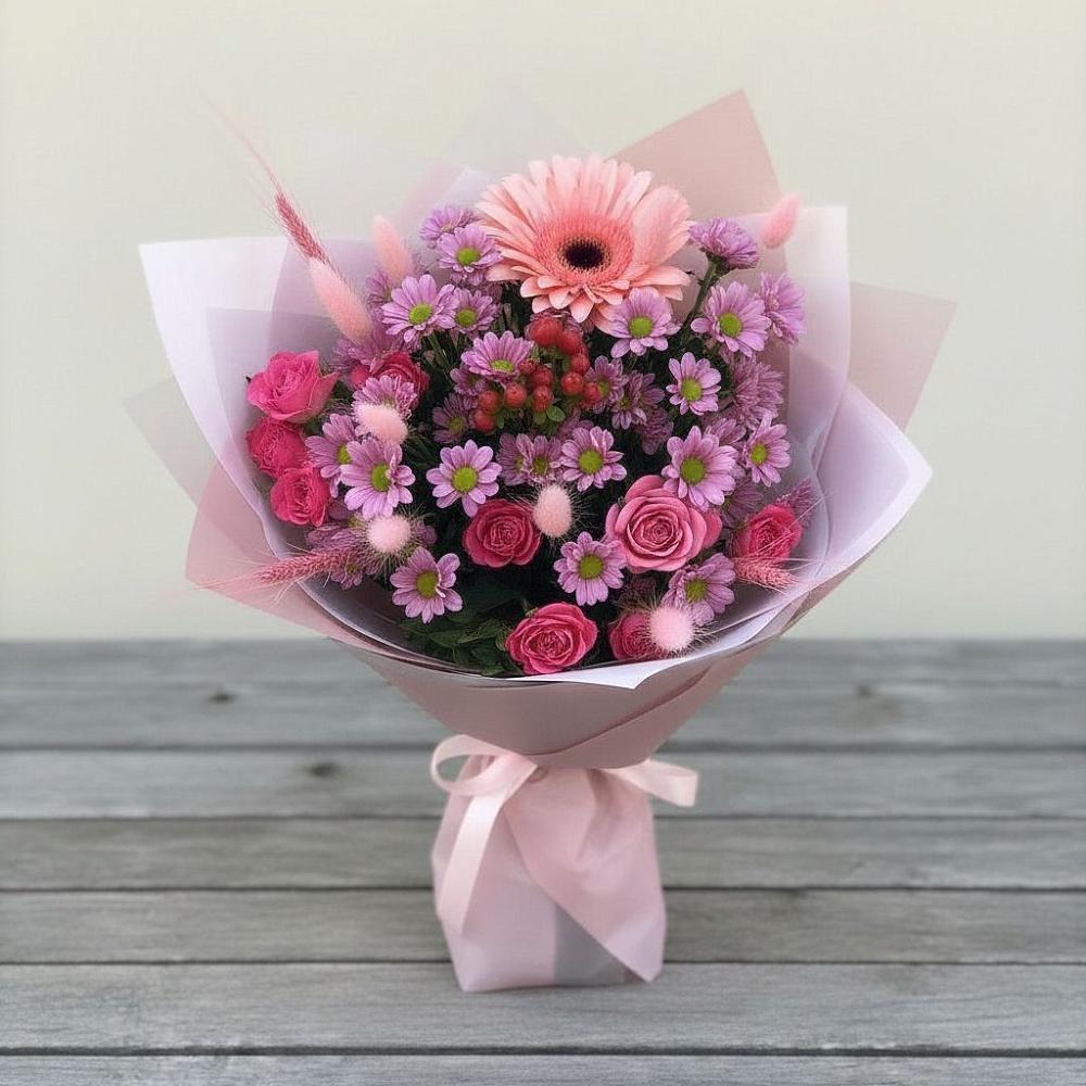 Букет цветов из: Розы, Герберы и Хризантемы в Тарасово