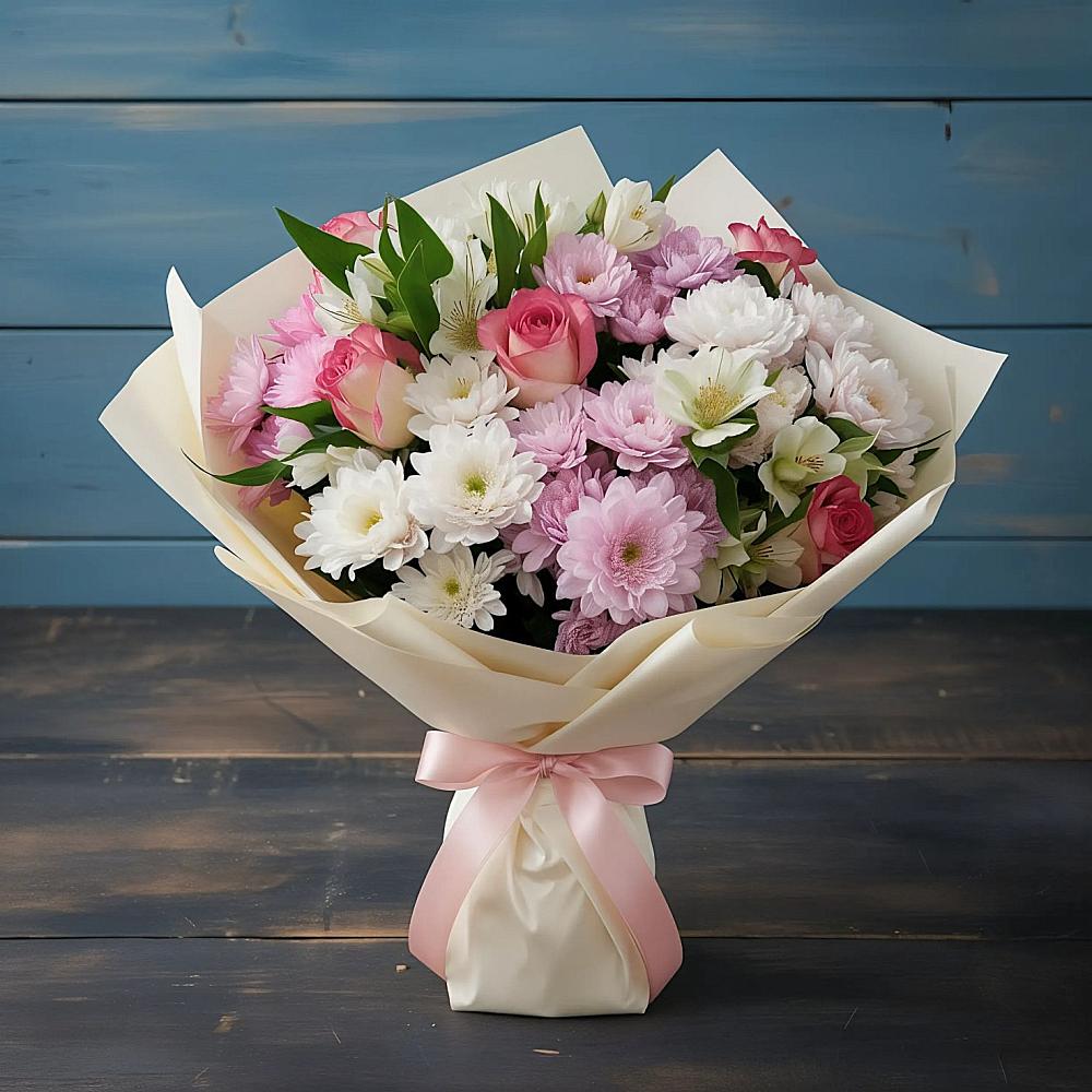 Букет цветов из: Хризантемы, Альстромерии и Розы в Тарасово